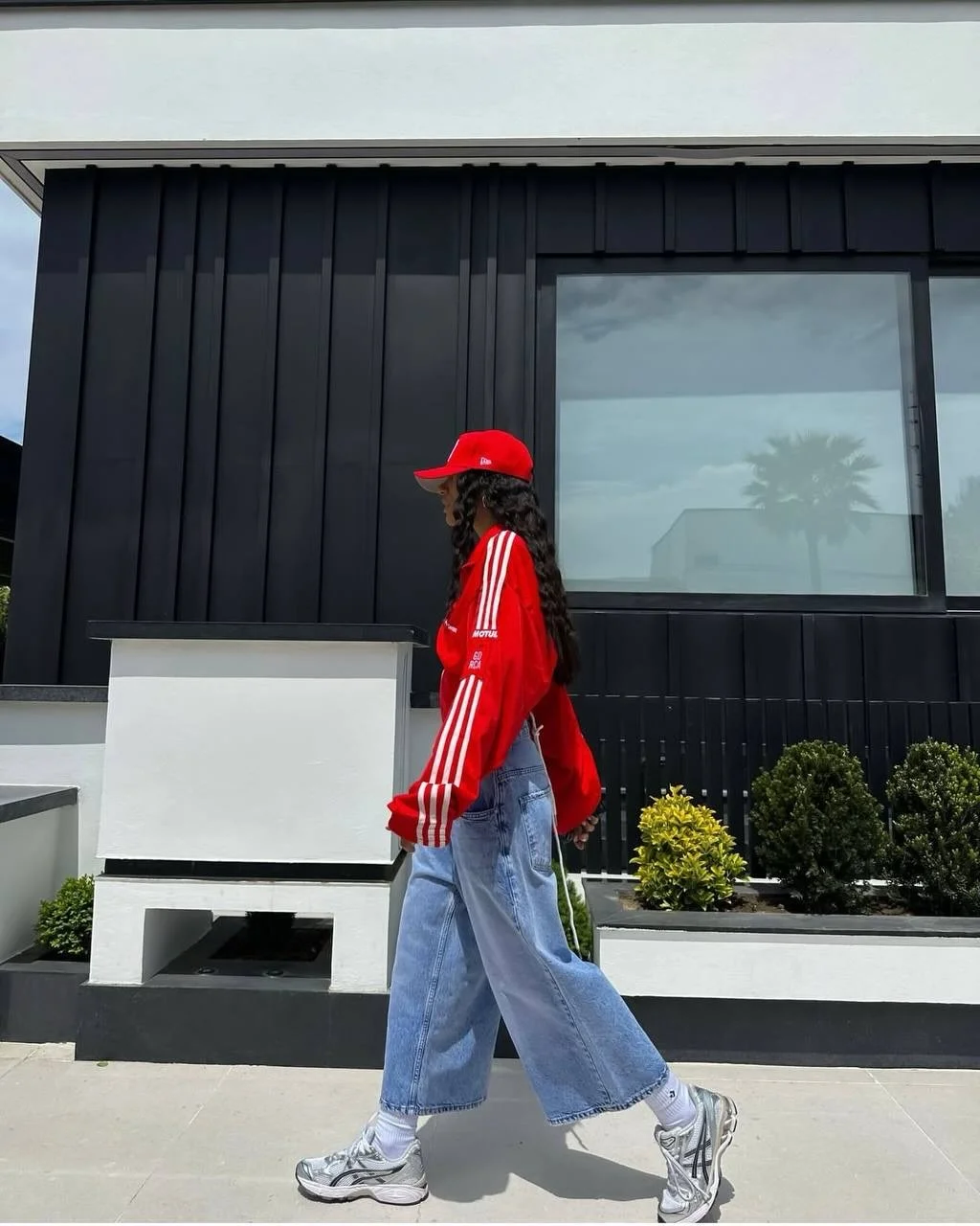 fall denim outfits for women 2026 Sporty Red Layers With Relaxed Denim Energy
