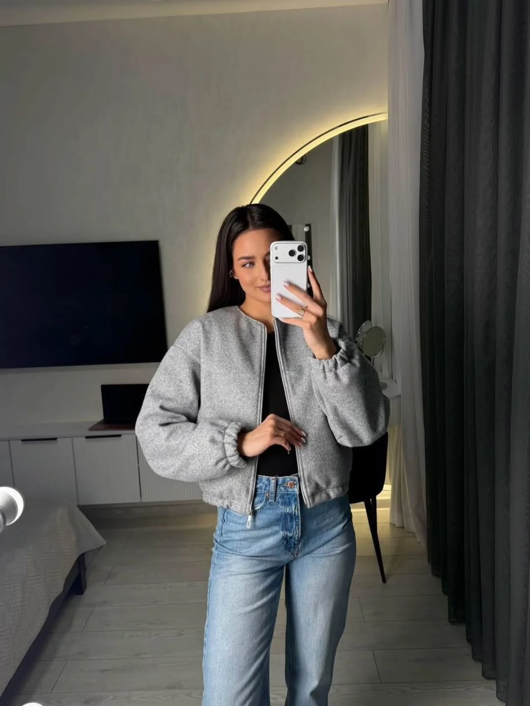 fall denim outfits for women 2026 Soft Grey Bomber Styling That Makes Denim Look Expensive