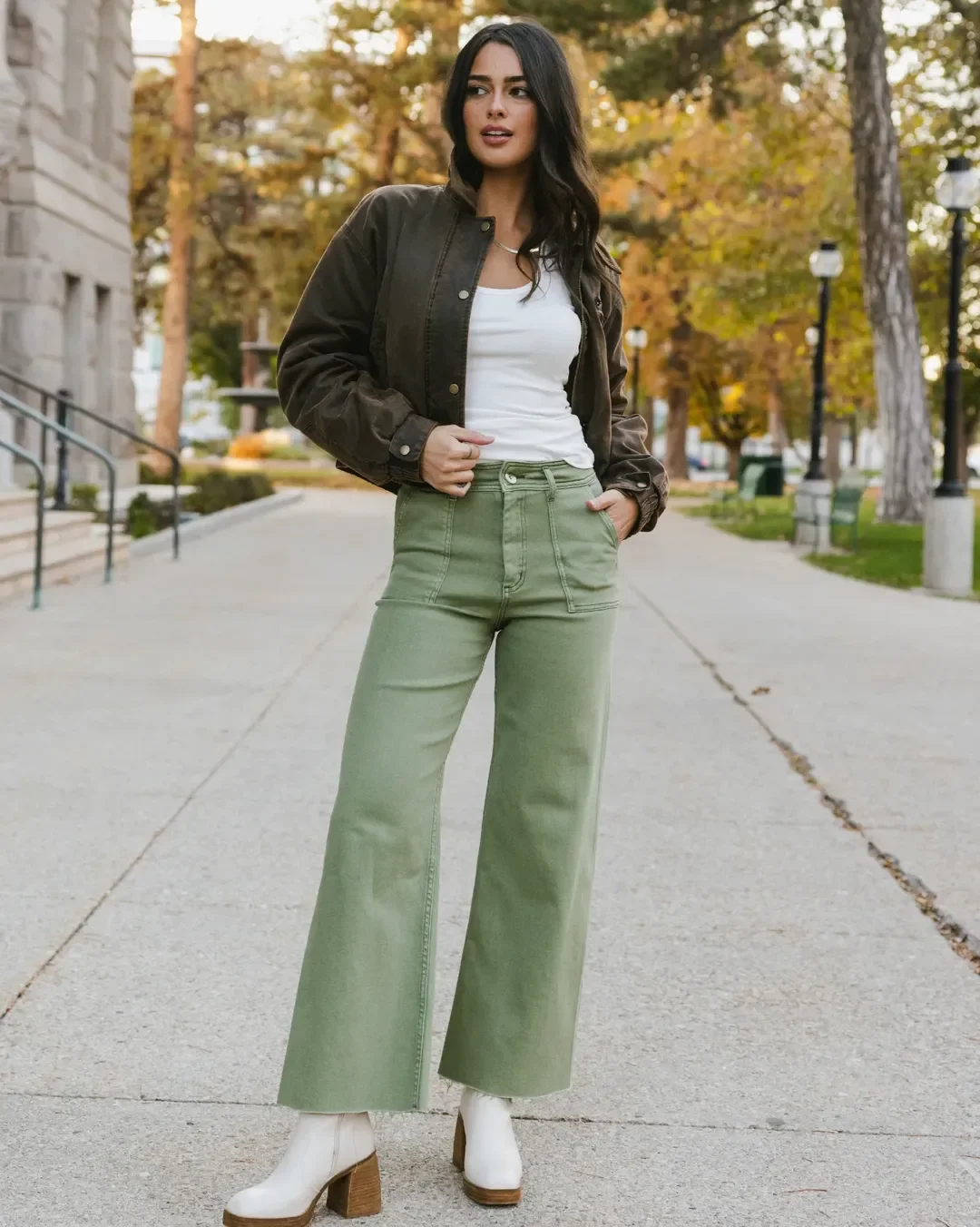 fall denim outfits for women 2026 Muted Olive Denim Feels Like The Color Of Fall 2026