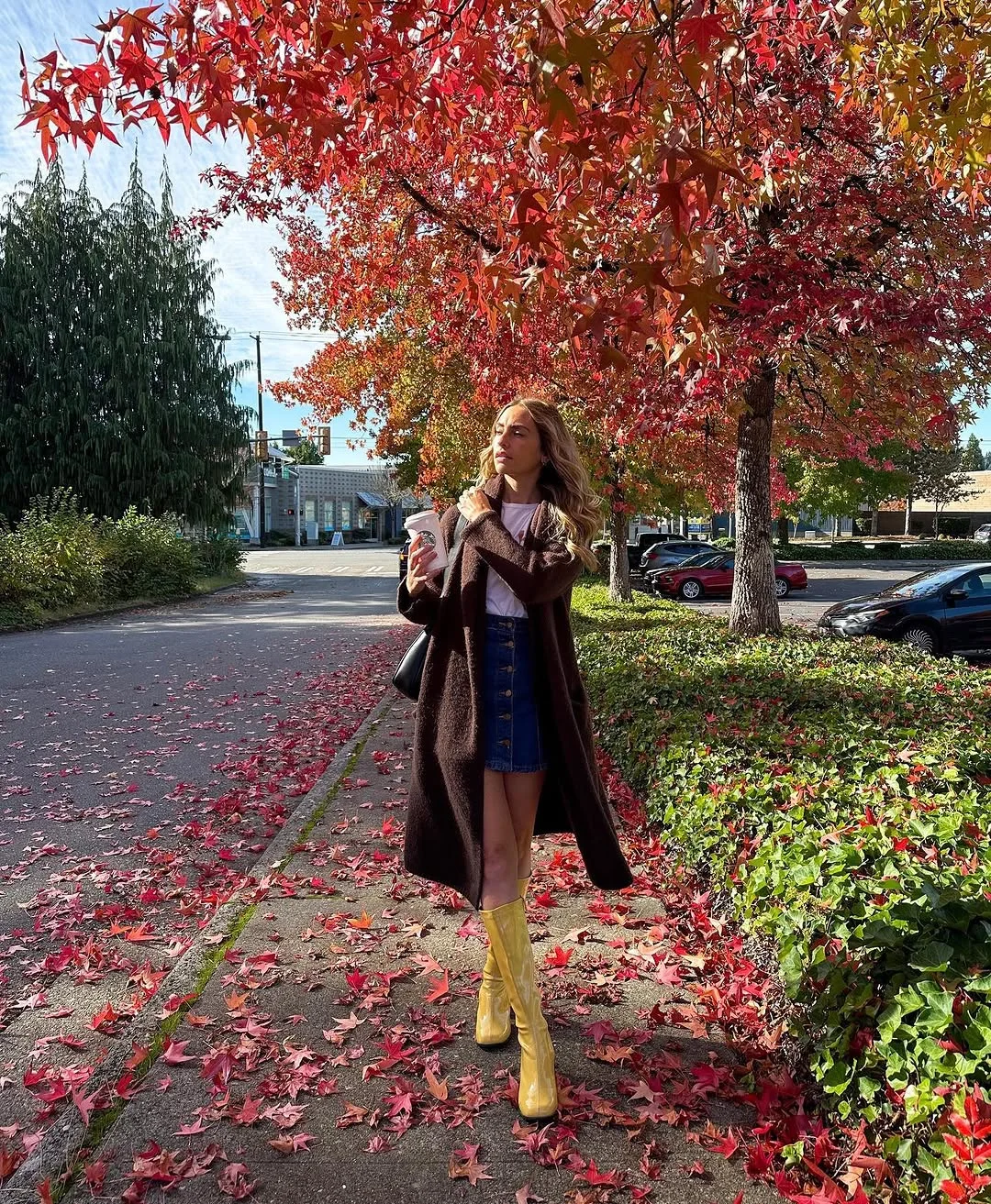 fall fashion outfits 2026 A Denim Mini and Tall Boots for Sunny Autumn Days