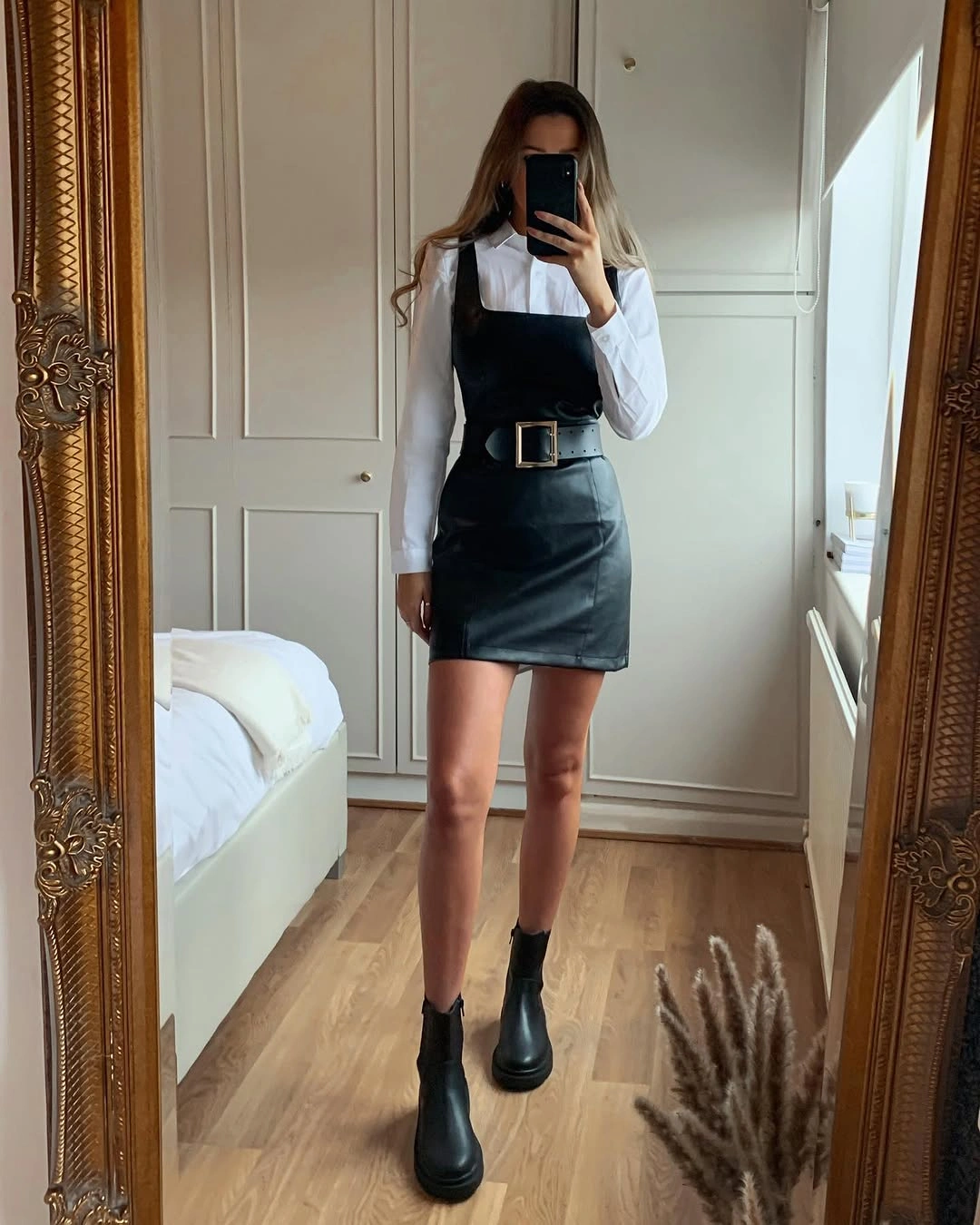 fall going out outfits 2026 Leather Pinafore Dresses Make Classic Shirts Feel New Again
