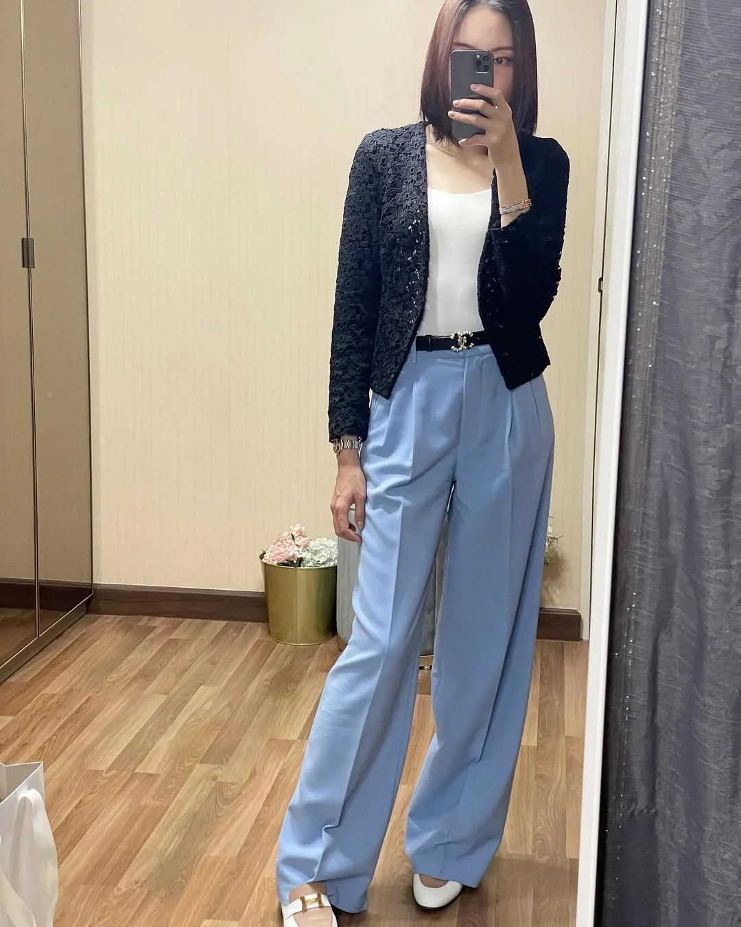 fall office outfits for women 2026 Soft Blue Trousers for a Fresh Office Palette