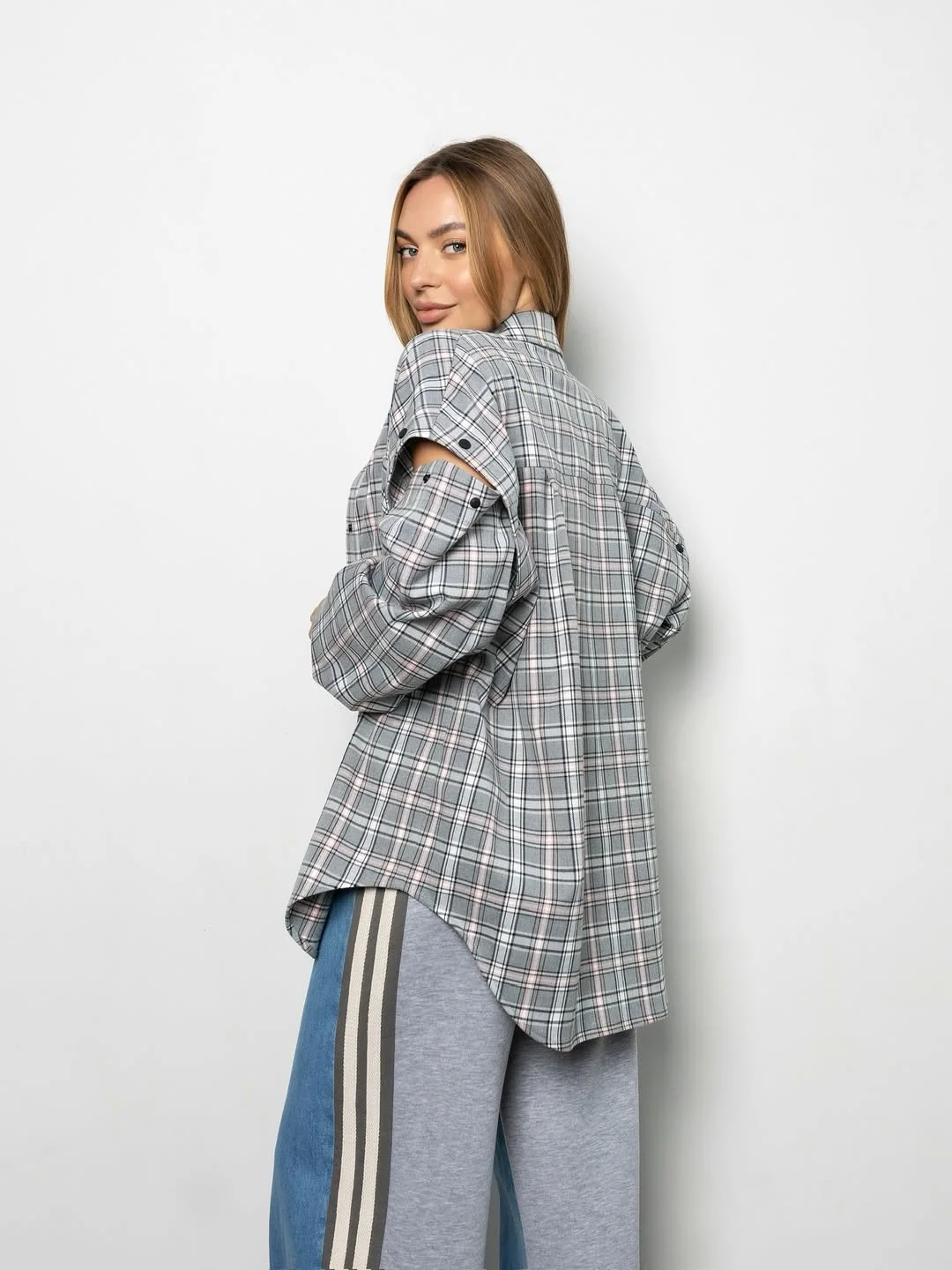fall outfits for big busted women 2026 Relaxed Plaid Overshirt with Sporty Details
