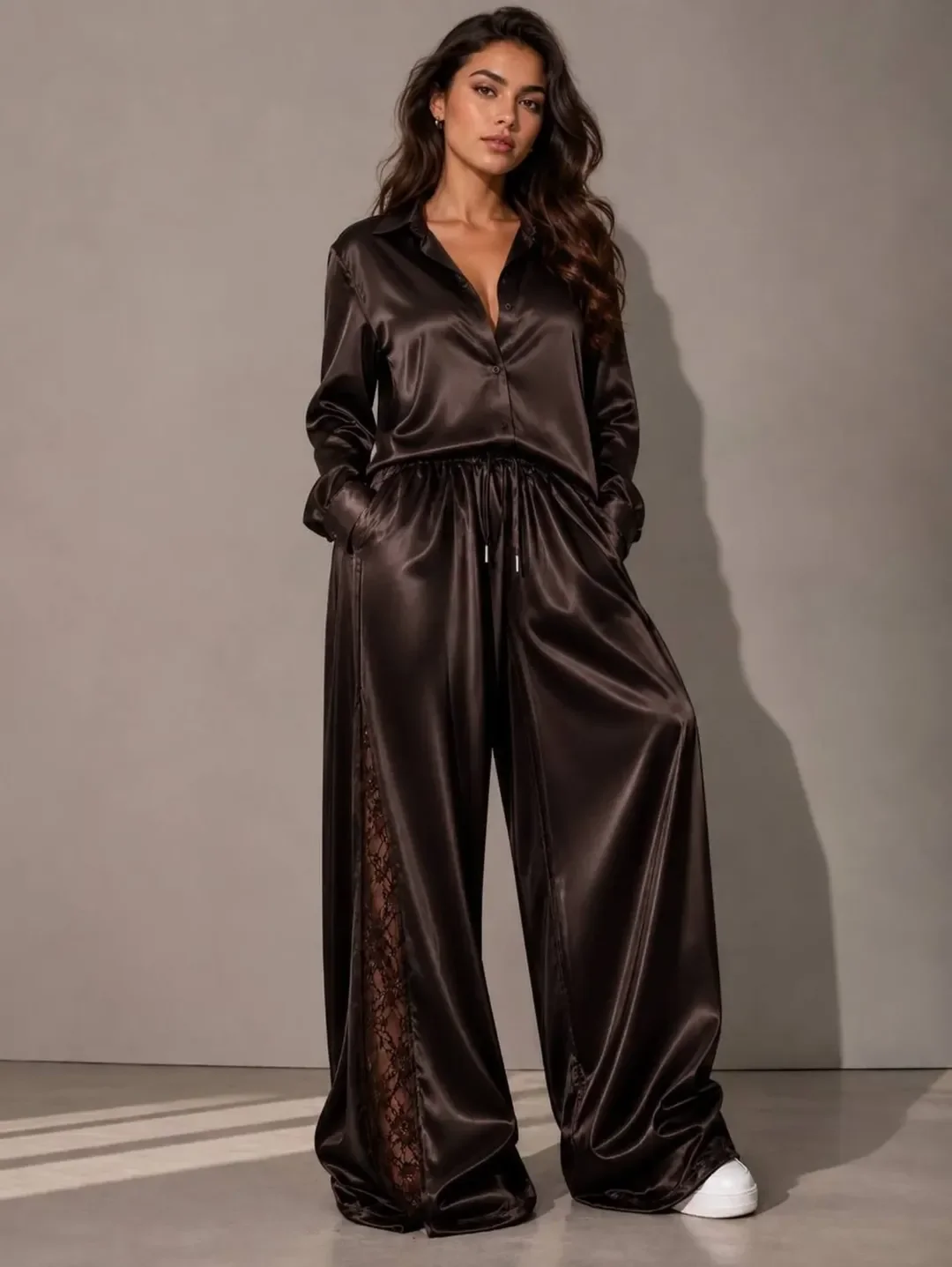 fall outfits for big busted women 2026 Chocolate Satin Set for Elevated Evening Glamour