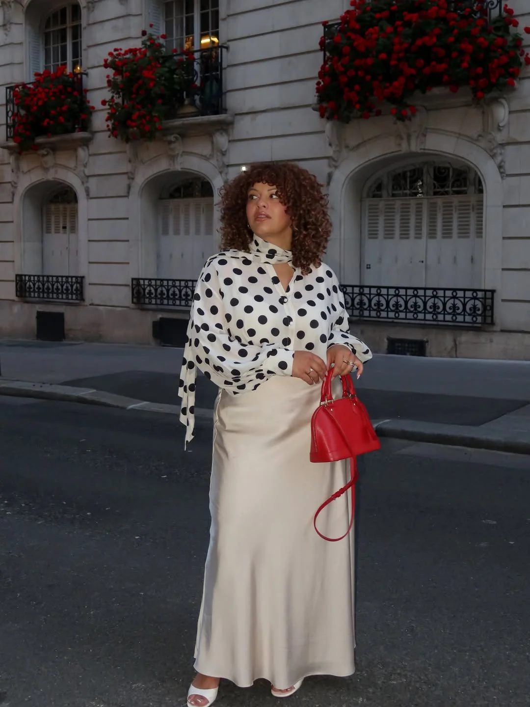 fall outfits for plus size women The Polka Dot Blouse and Satin Skirt Combination That Never Looks Overdone