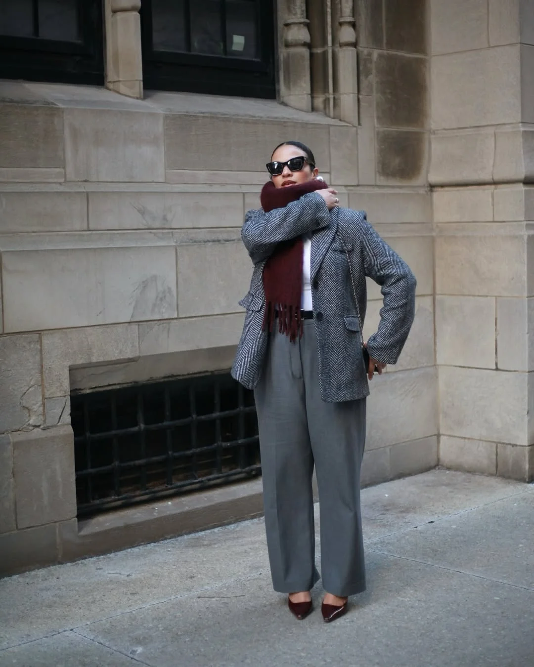 fall outfits for women in 30s style 2026 Gray Tailoring and Burgundy Accents for a Refined City Look