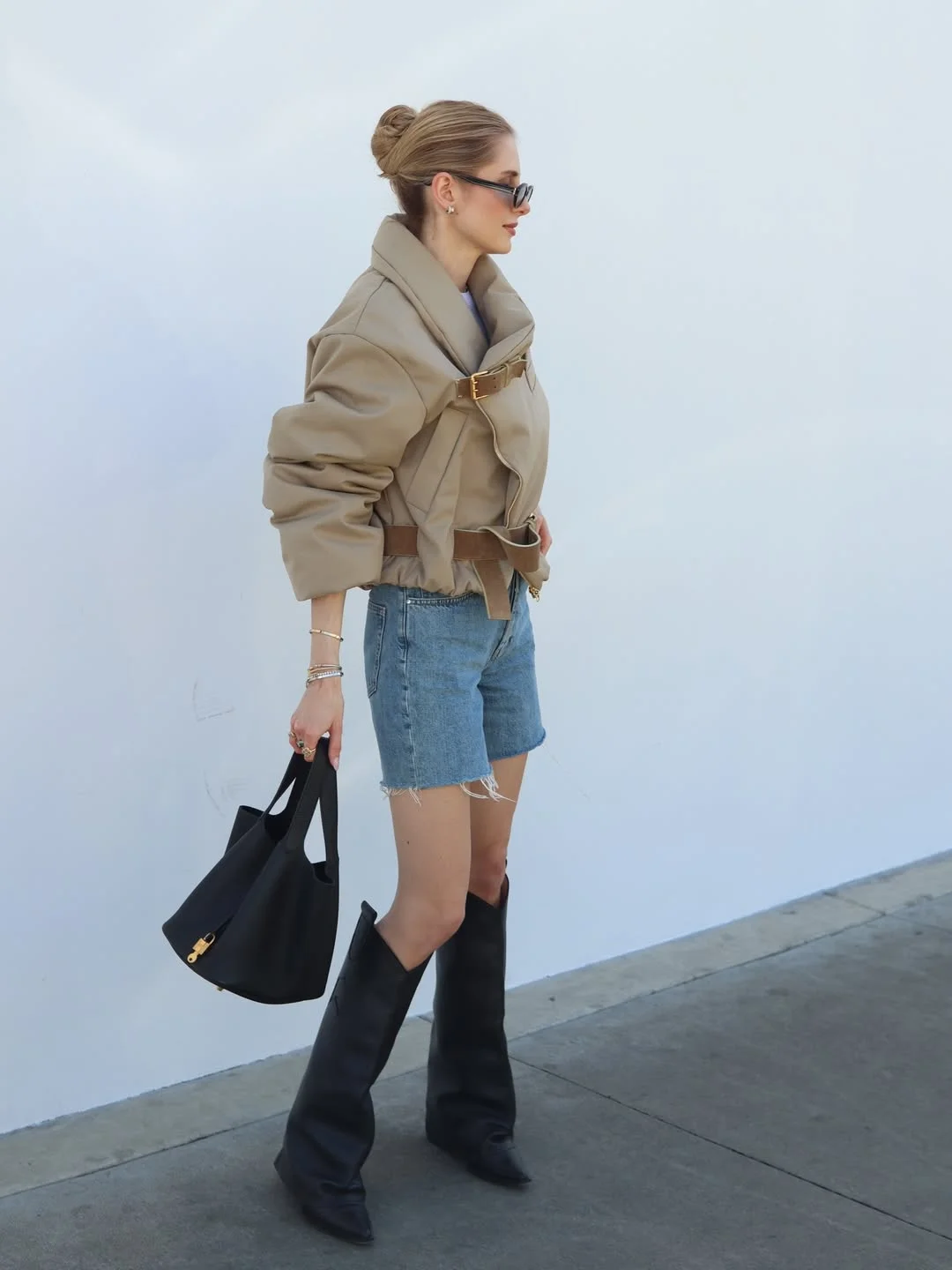 fall outfits with boots 2026 Cut Jeans Shorts and Tall Boots for Warm Fall Days
