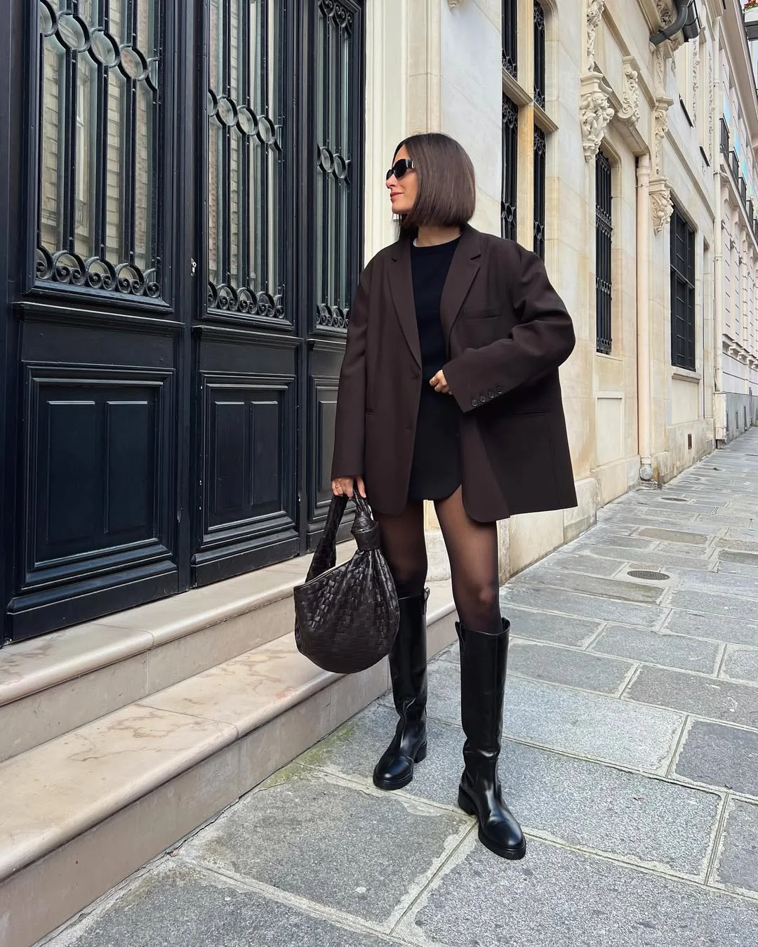 fall outfits with boots 2026 Chocolate Blazer Styling With Knee-High Boots