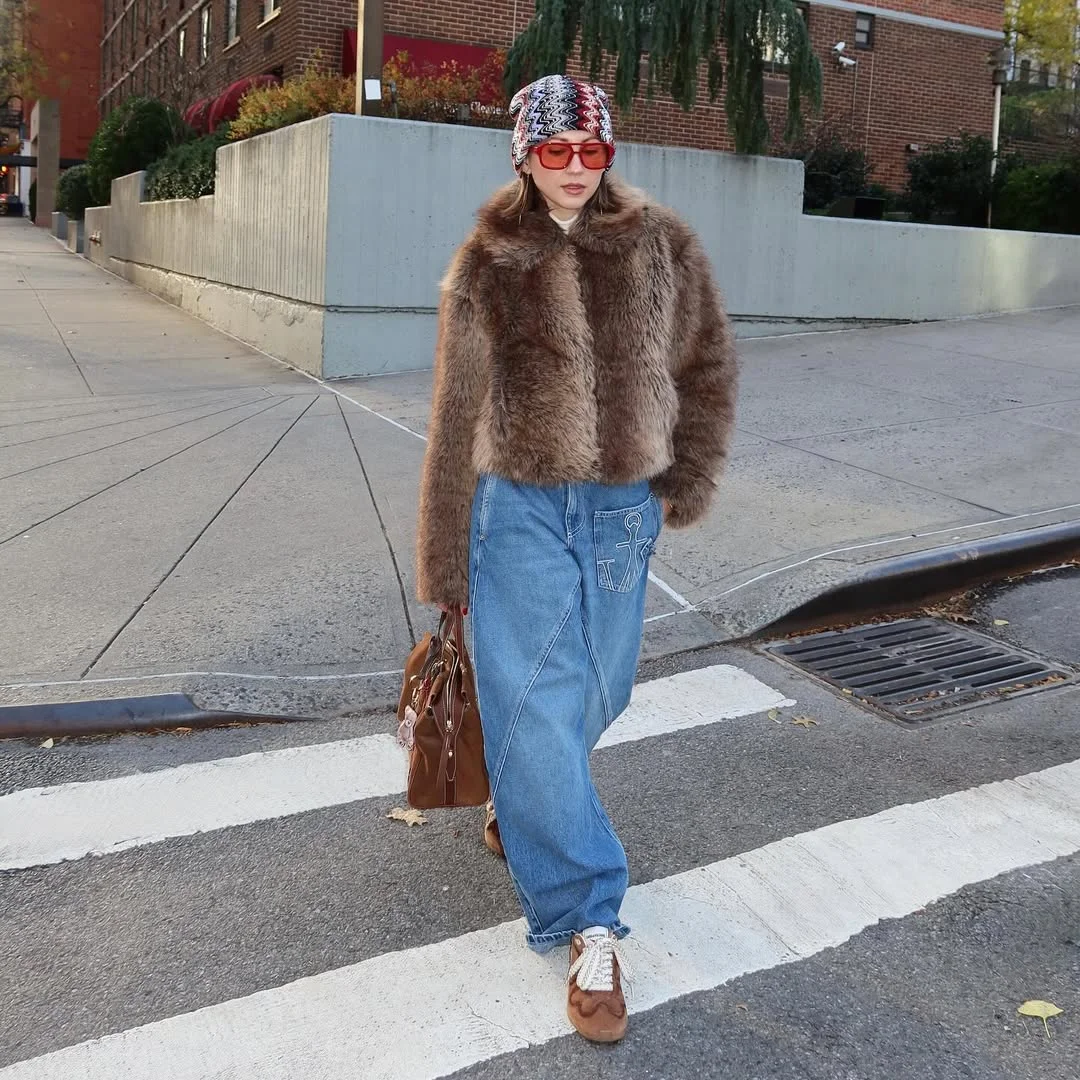 fall outfits with sneakers and jeans 2026 The Faux Fur Jacket Look That Brings Vintage Energy to Fall