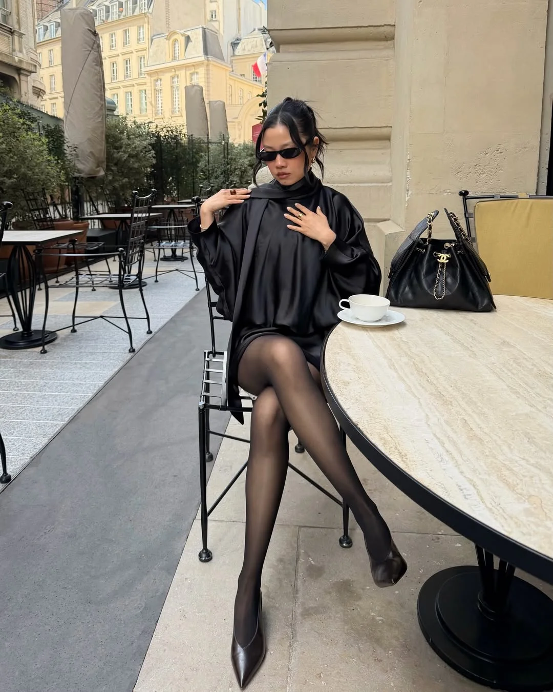 fall outfits with tights and skirt 2026 Elegant Monochrome Dressing With Sheer Tights and Satin Texture