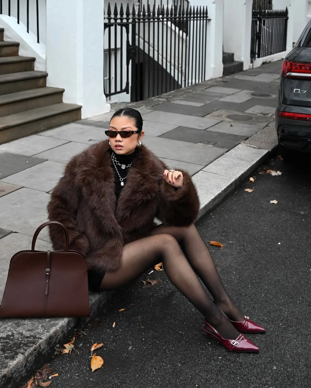fall outfits with tights and skirt 2026 Rich Brown Faux Fur and Burgundy Heels for a Luxe Autumn Mood