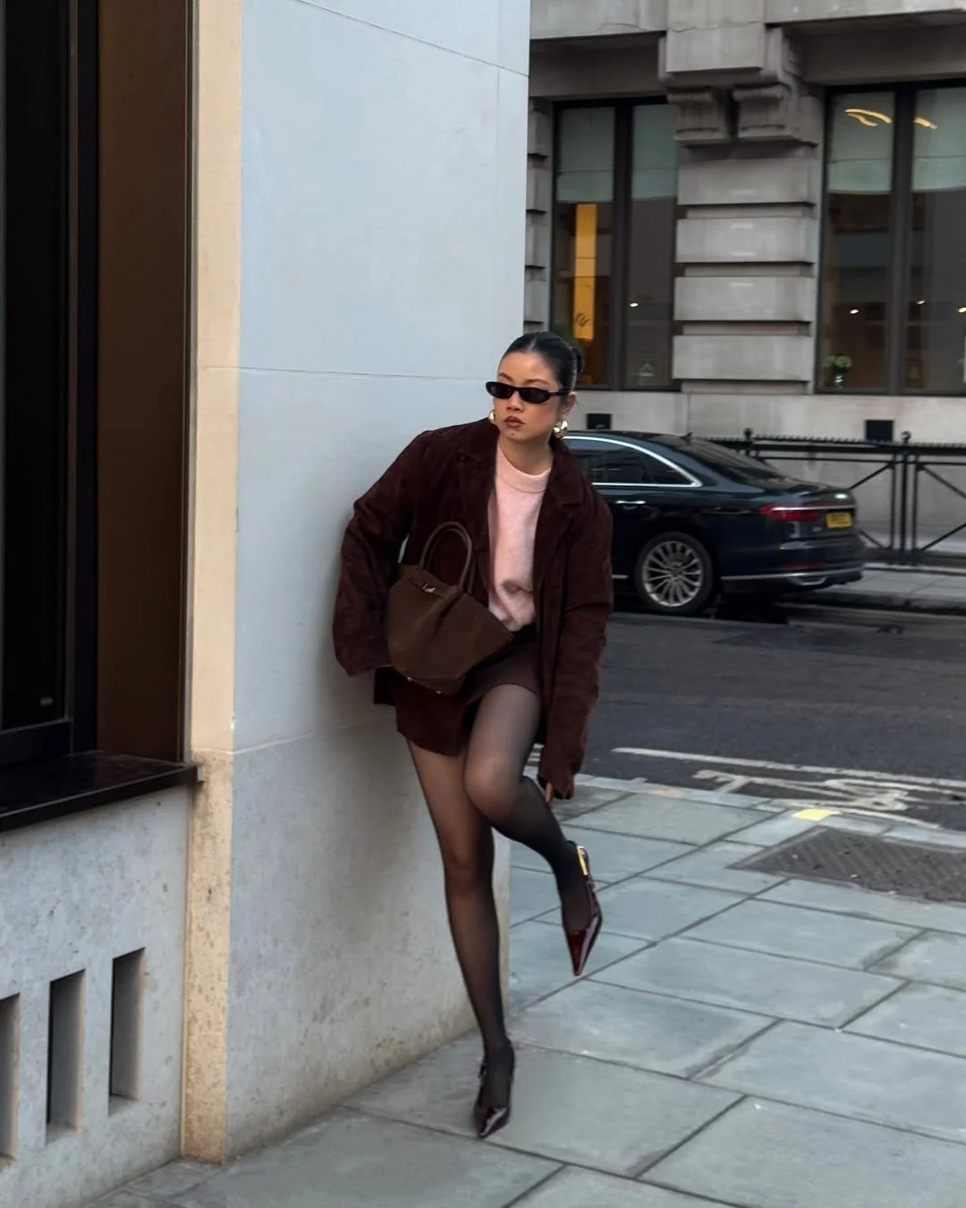 fall outfits with tights and skirt 2026 Burgundy Tailoring and Sheer Tights for Modern City Elegance