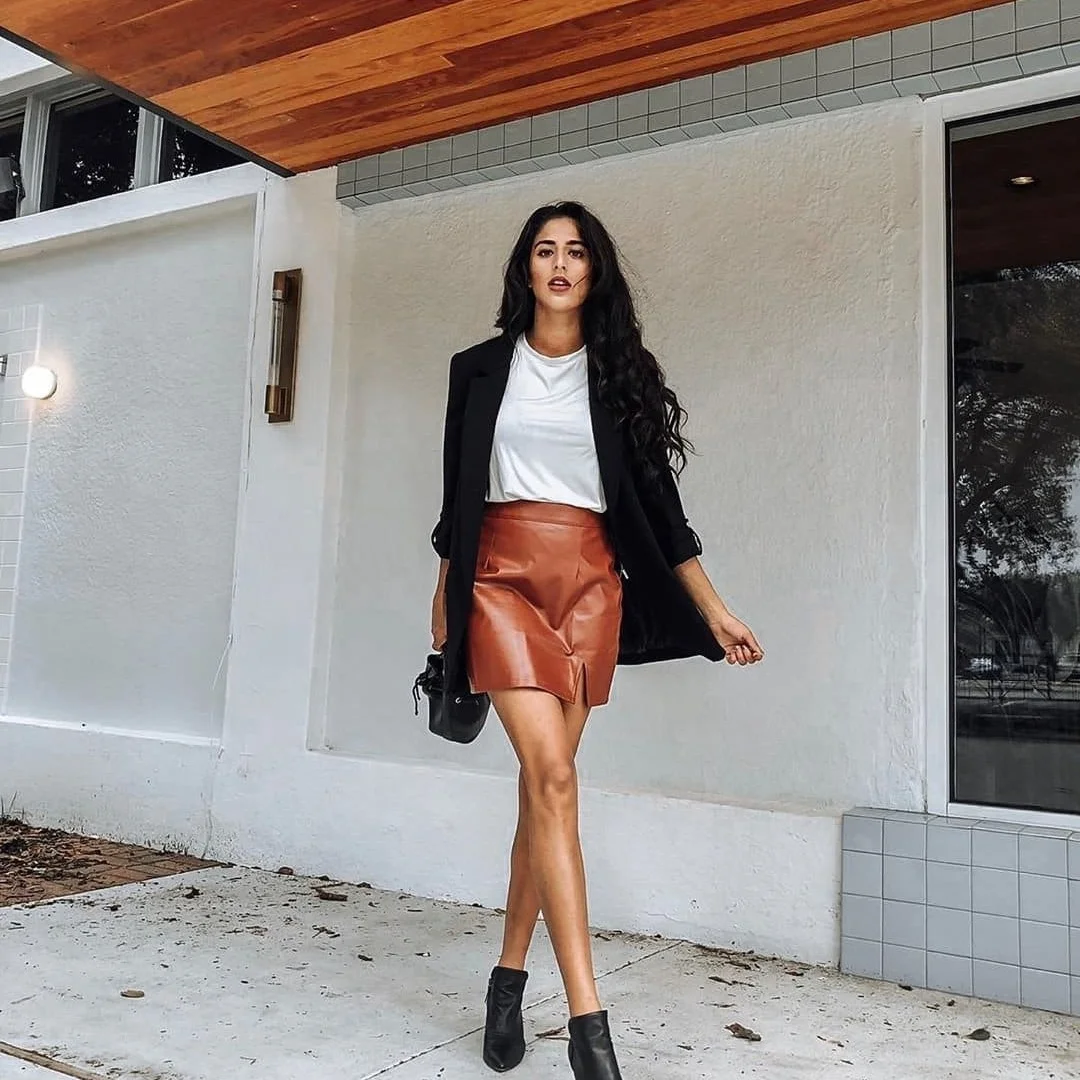 fall outfits with tights and skirt 2026 Warm Leather Skirts That Bring Rich Autumn Color