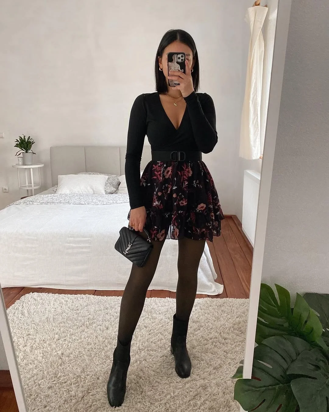 fall outfits with tights and skirt 2026 Dark Florals and Sheer Tights for Everyday Elegance