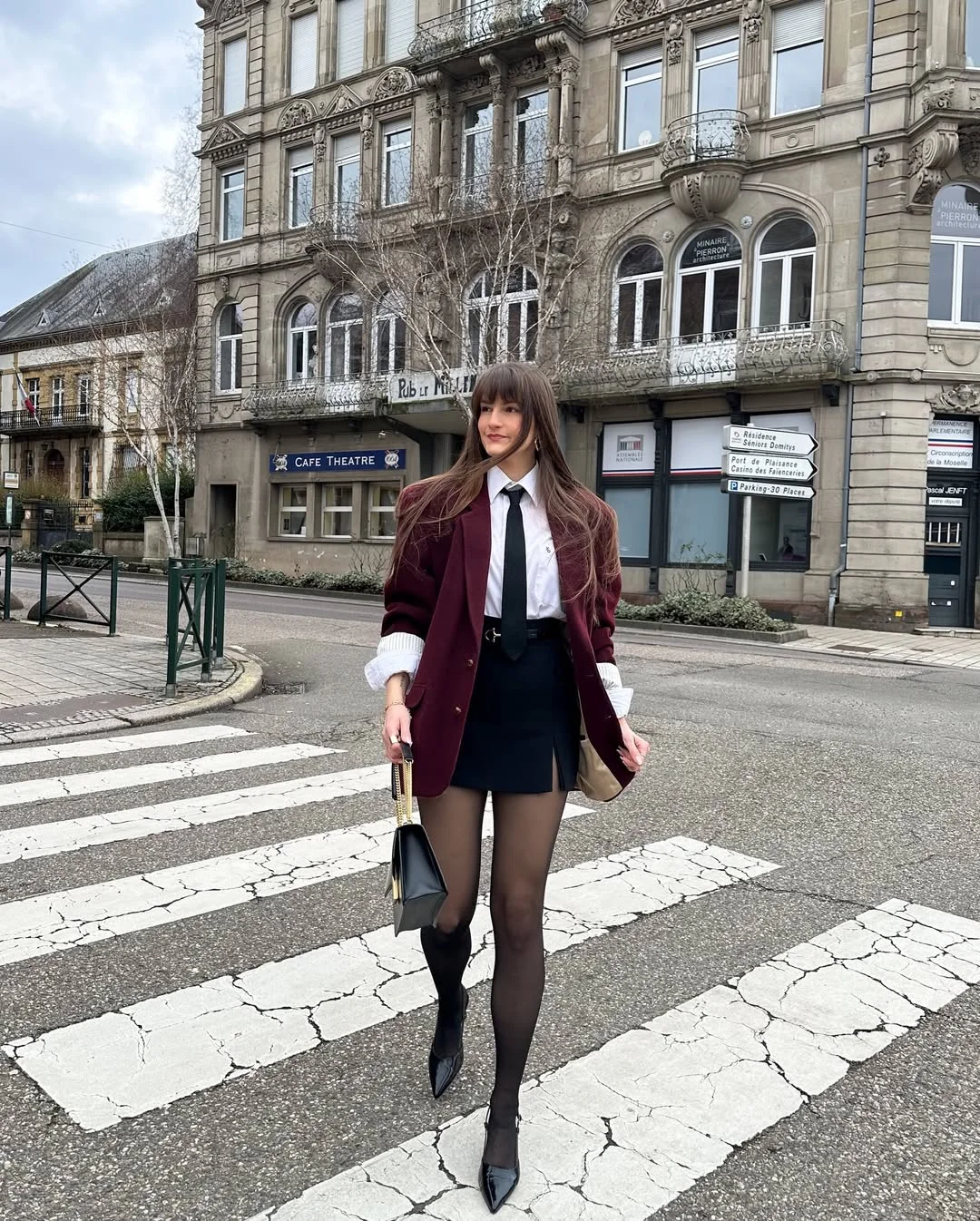 fall outfits with tights and skirt 2026 Parisian Inspired Blazers Ties and Sheer Black Tights