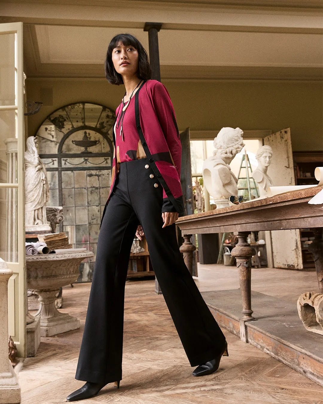fall smart casual work outfit for women 2026 Bold Berry Tones With Tailored Black Trousers