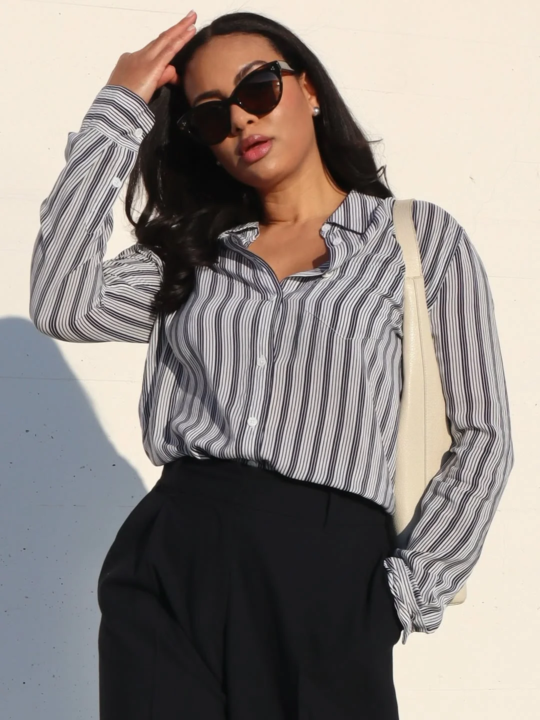 fall smart casual work outfit for women 2026 Classic Striped Shirting With Relaxed Tailored Trousers