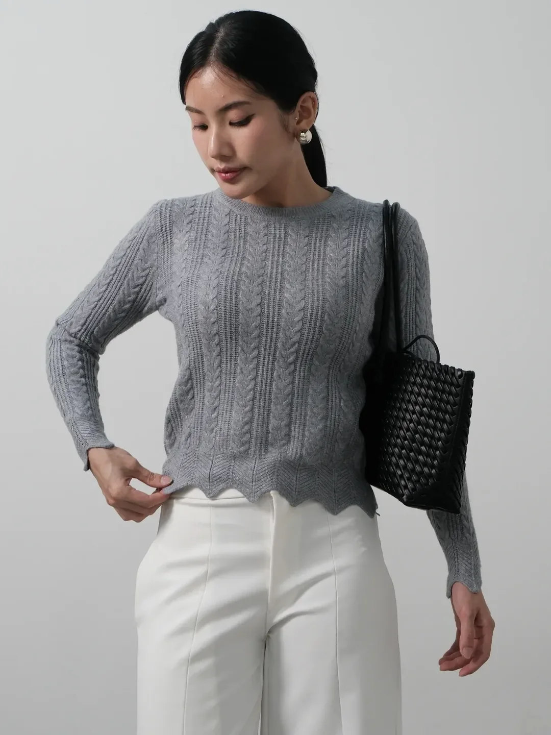 fall smart casual work outfit for women 2026 Grey Knitwear And White Trousers For Quiet Luxury Fall Days