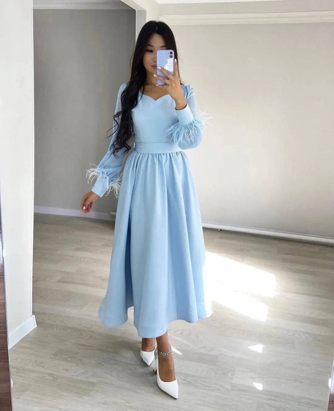 fall wedding guest dress 2026 Powder Blue Long Sleeve Dresses For Cool October Evenings