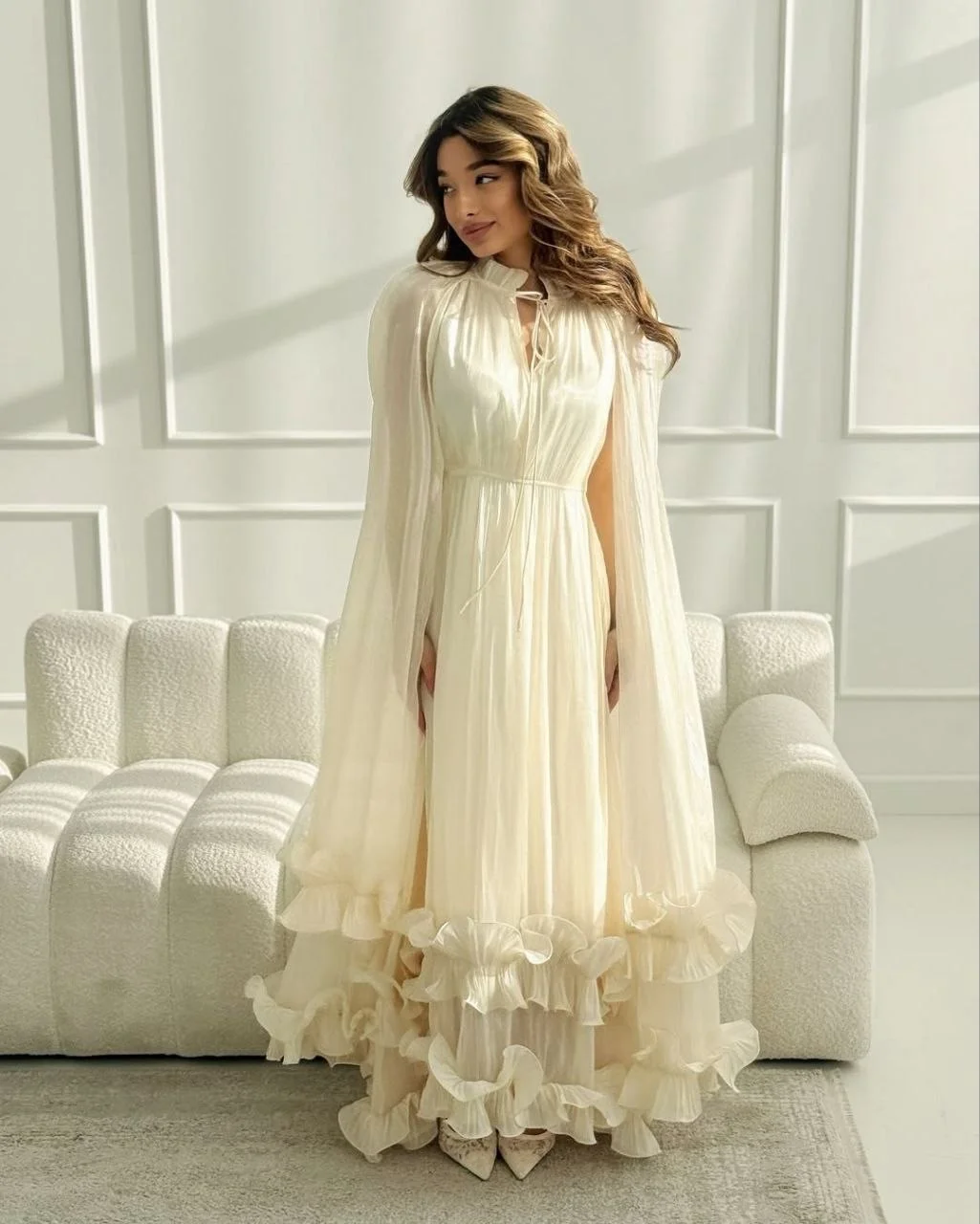 fall wedding guest dress 2026 Dreamy Cape Dresses That Bring Soft Drama To Formal Events