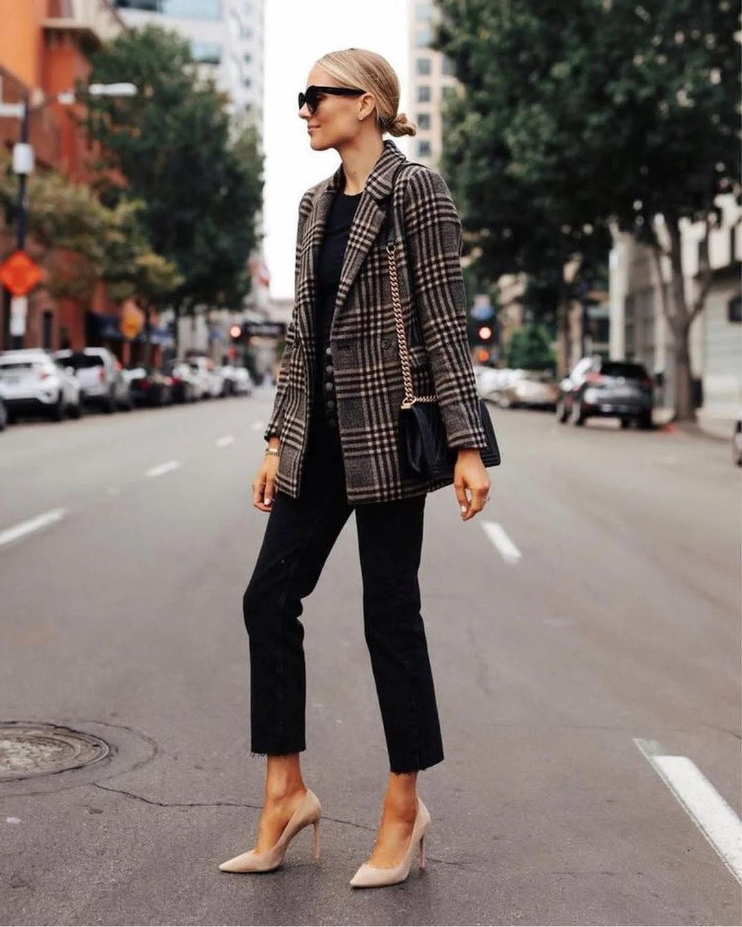 fall work outfits 2026 Plaid Blazer And Cropped Trousers City Chic