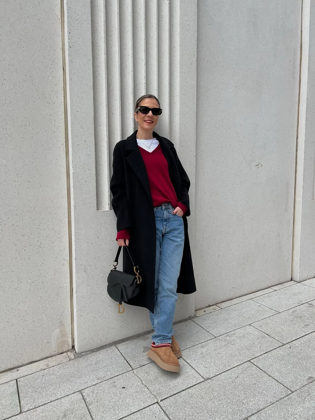 fall work outfits 2026 Bold Red Knit With Relaxed Denim Layers