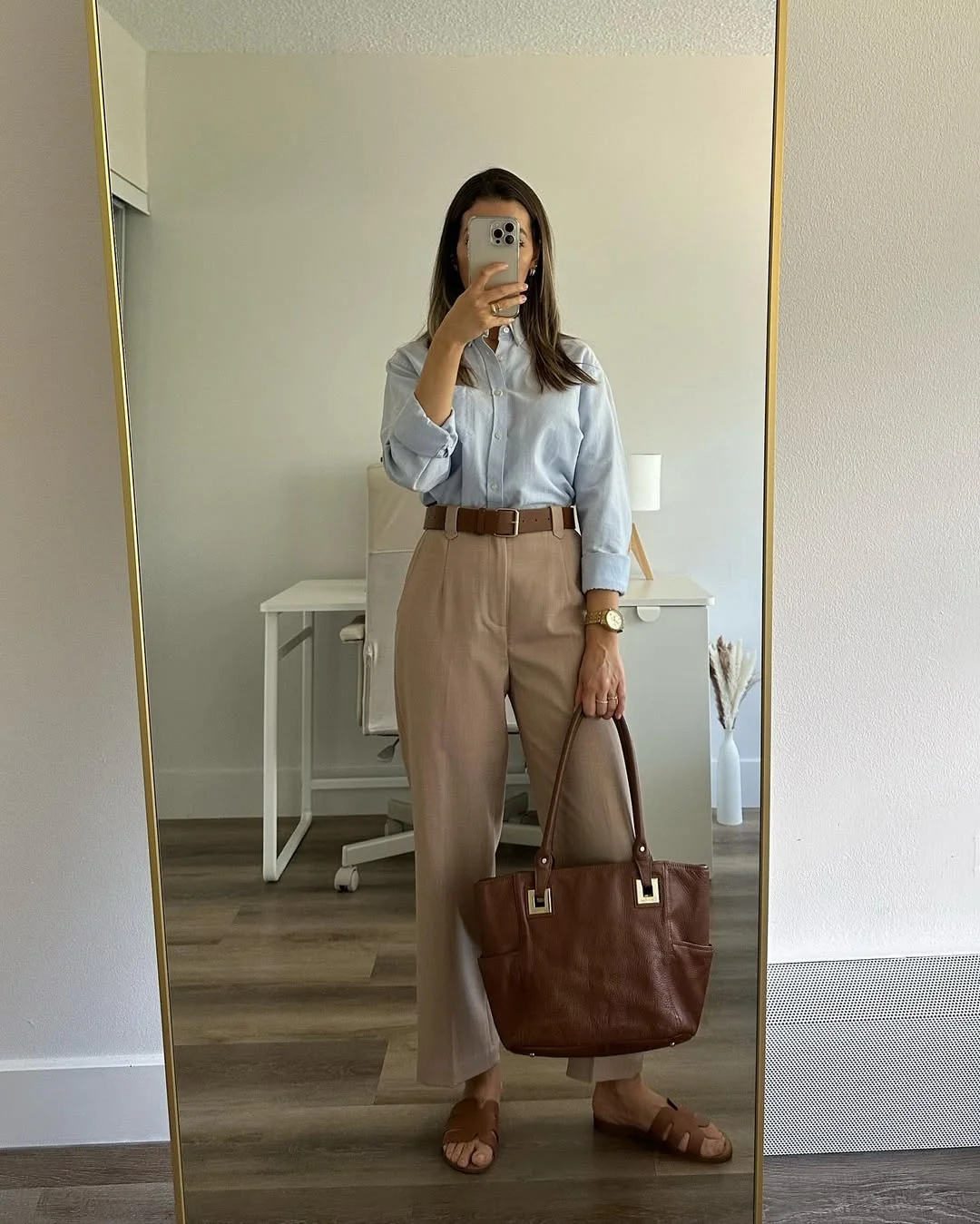 fall work outfits 2026 Classic Blue Shirt And Neutral Tailoring