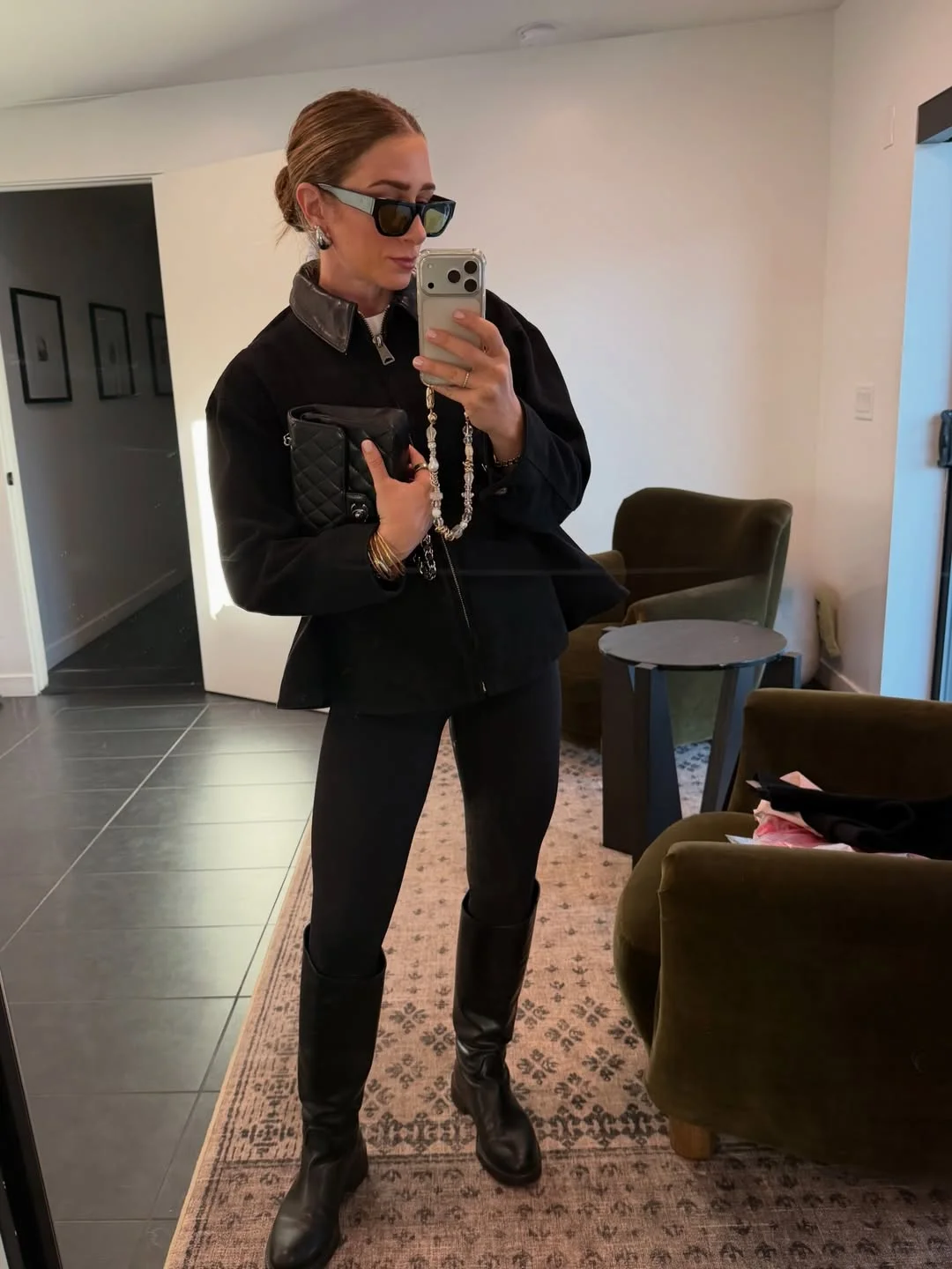 fall work outfits 2026 All Black Office Outfit With Riding Boots