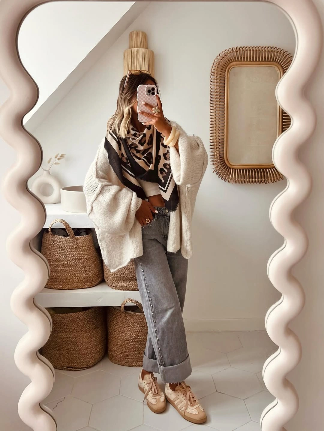 nice fall outfits 2026 Soft Neutrals With a Leopard Scarf and Relaxed Denim