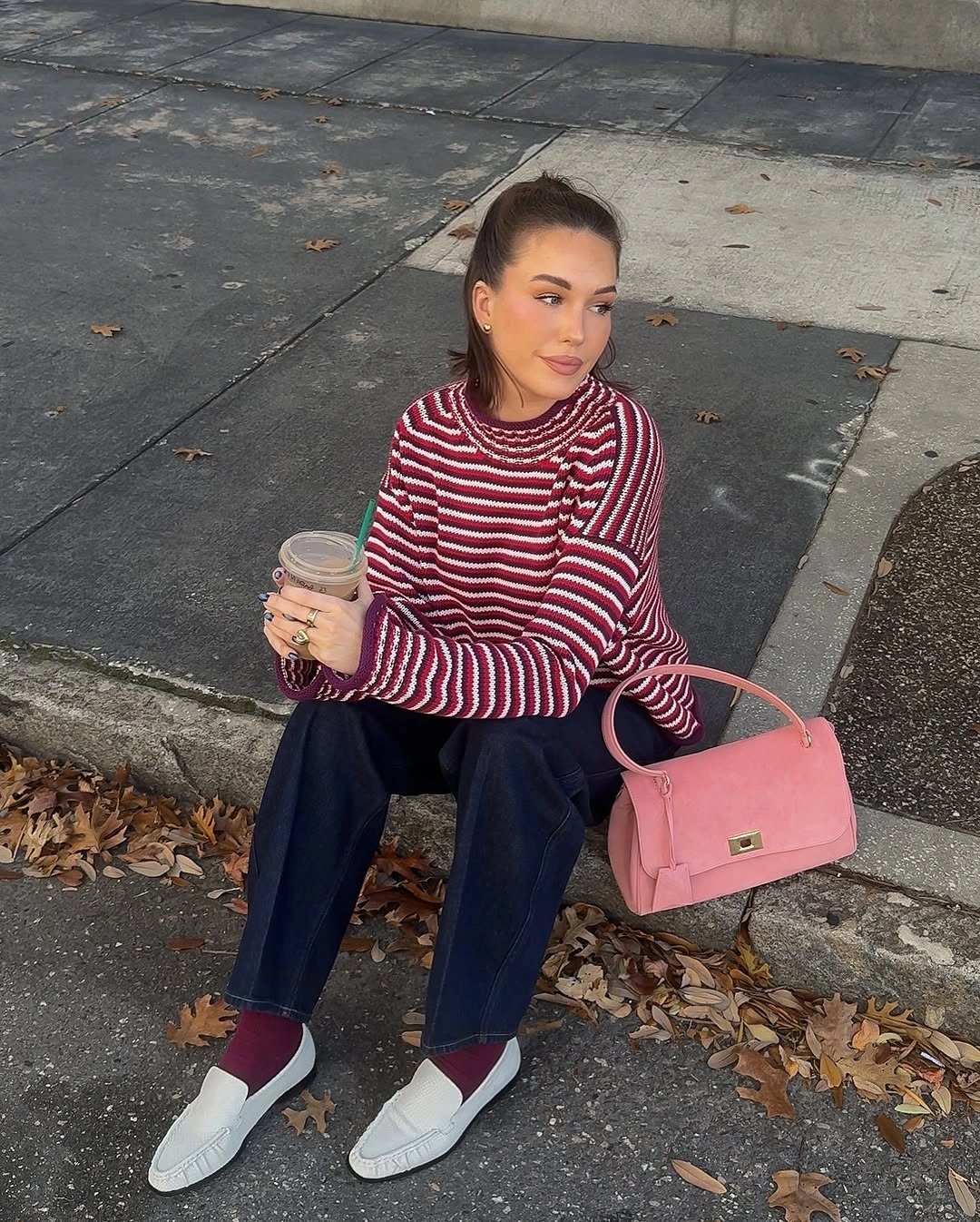 nice fall outfits 2026 Striped Knit Dark Denim and a Pink Bag Moment