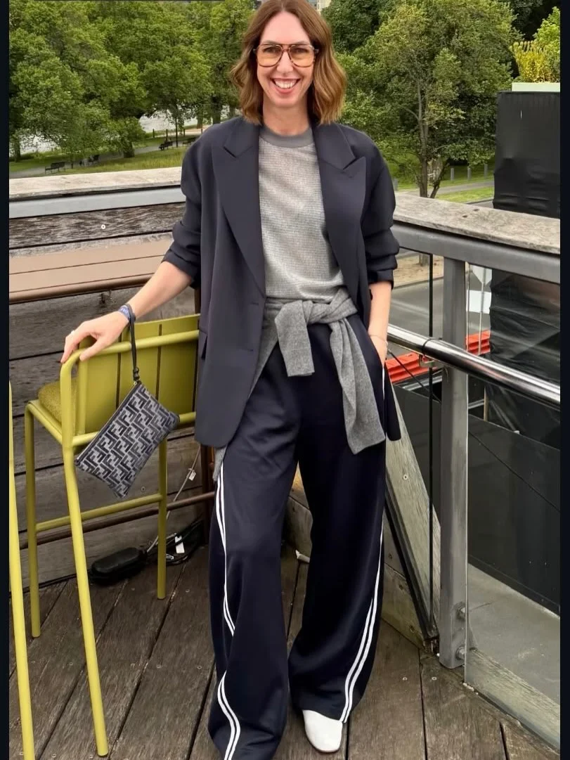 summer to fall outfits 2026 The Blazer and Track Pants Combination Fashion Insiders Love
