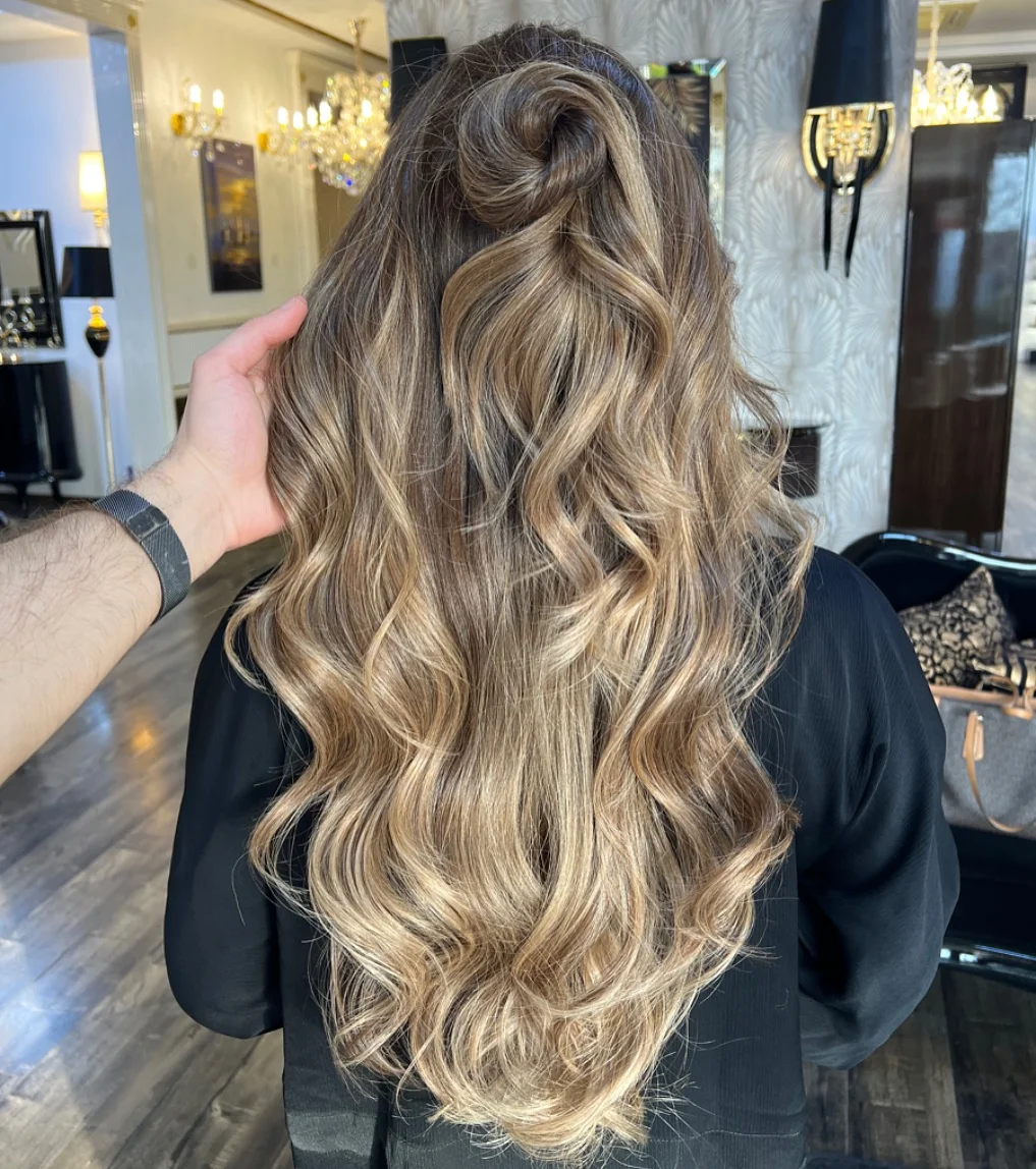 august hairstyles and color ideas 2026 Champagne Beige Balayage with a Twisted Half-Up Style