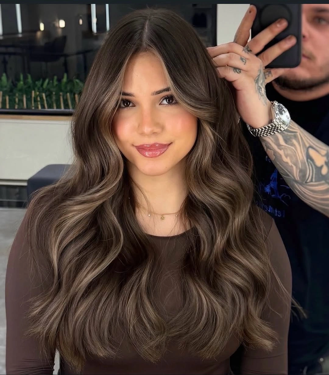 august hairstyles and color ideas 2026 Cool Cocoa Waves with Delicate Face-Framing Highlights
