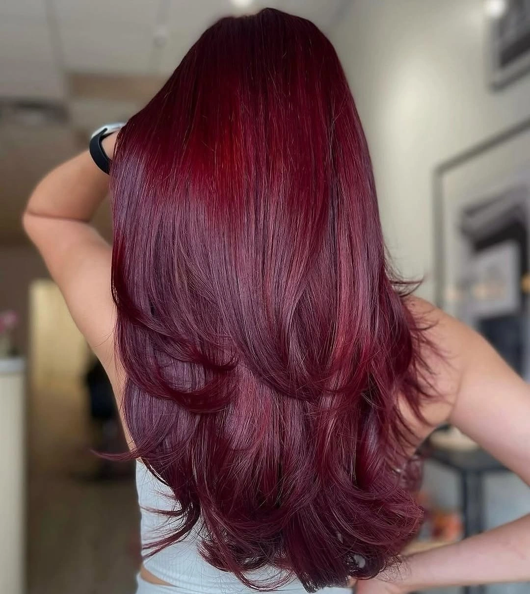 august hairstyles and color ideas 2026 Deep Cherry Cola Layers with a Glossy Finish