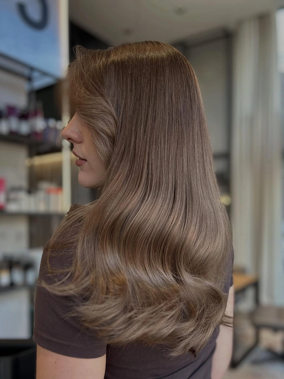 august hairstyles and color ideas 2026 Silky Mushroom Brown with Glossy Long Layers