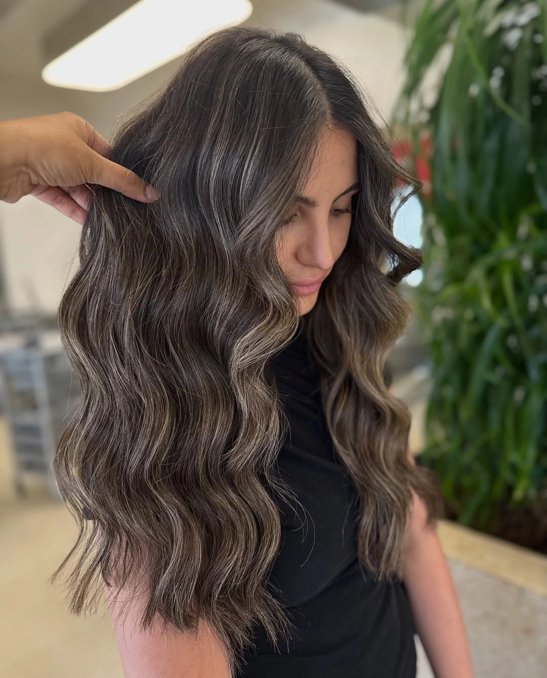 august hairstyles and color ideas 2026 Cool Espresso Balayage with Relaxed Beach Waves