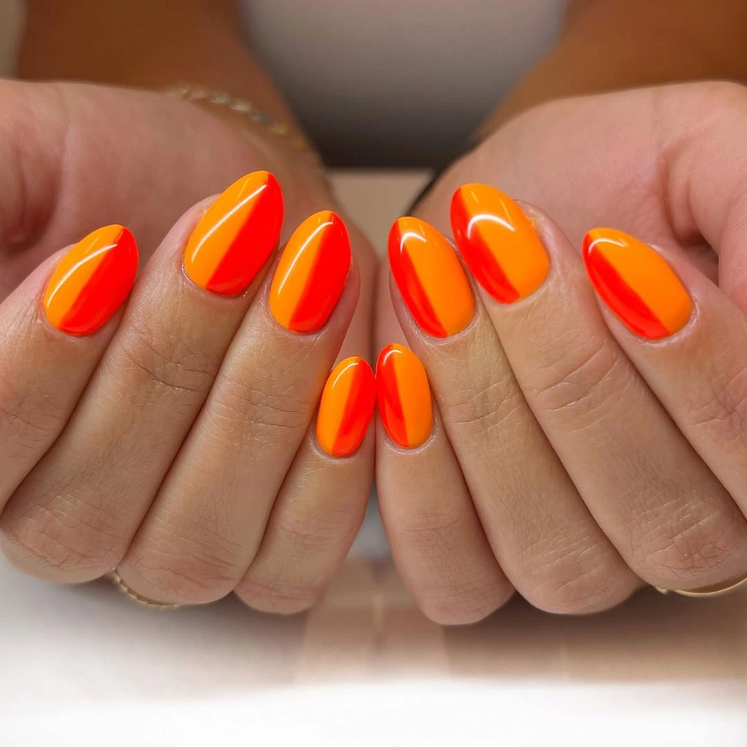 august nails color 2026 Neon Orange Color Block Nails Full of Summer Energy