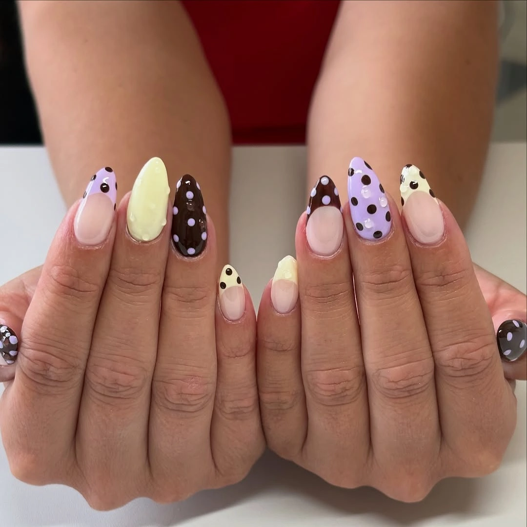 august nails color 2026 Chocolate Polka Dot French Tips with Soft Pastel Accents