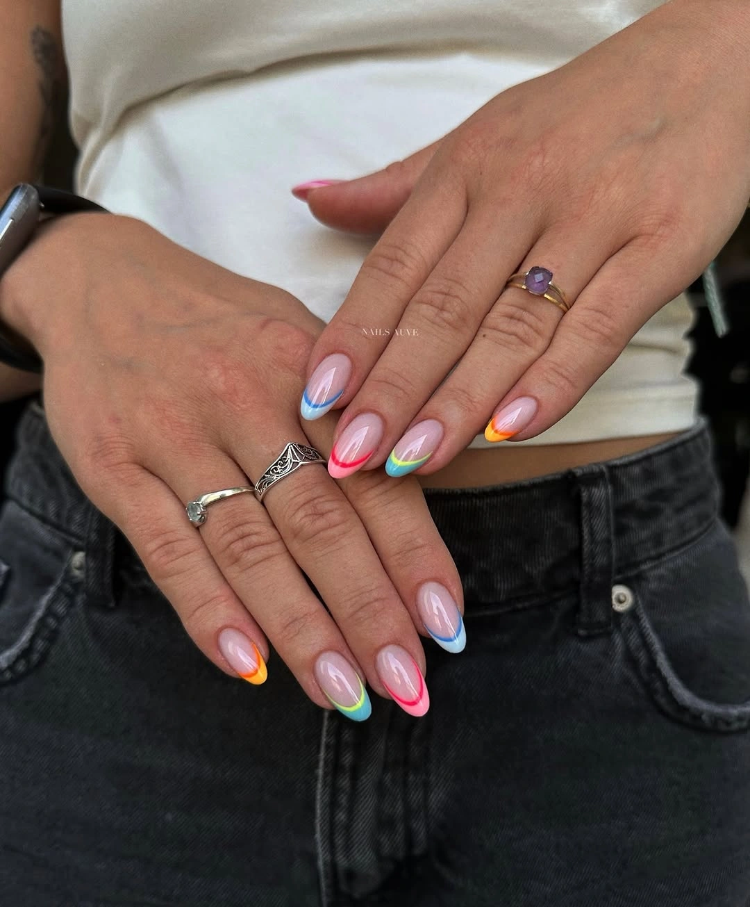 august nails color 2026 Rainbow French Tips That Keep Summer Alive