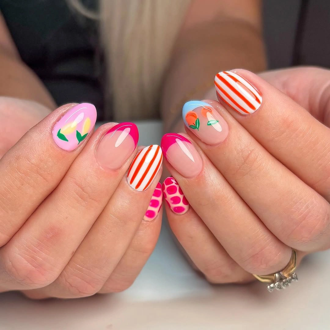 august nails color 2026 Colorful French Tips with Fruit and Retro Accents