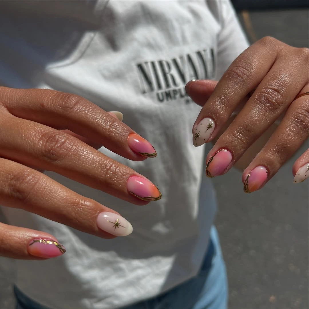 august nails color 2026 Soft Pink Aura Nails with Elegant Gold Details