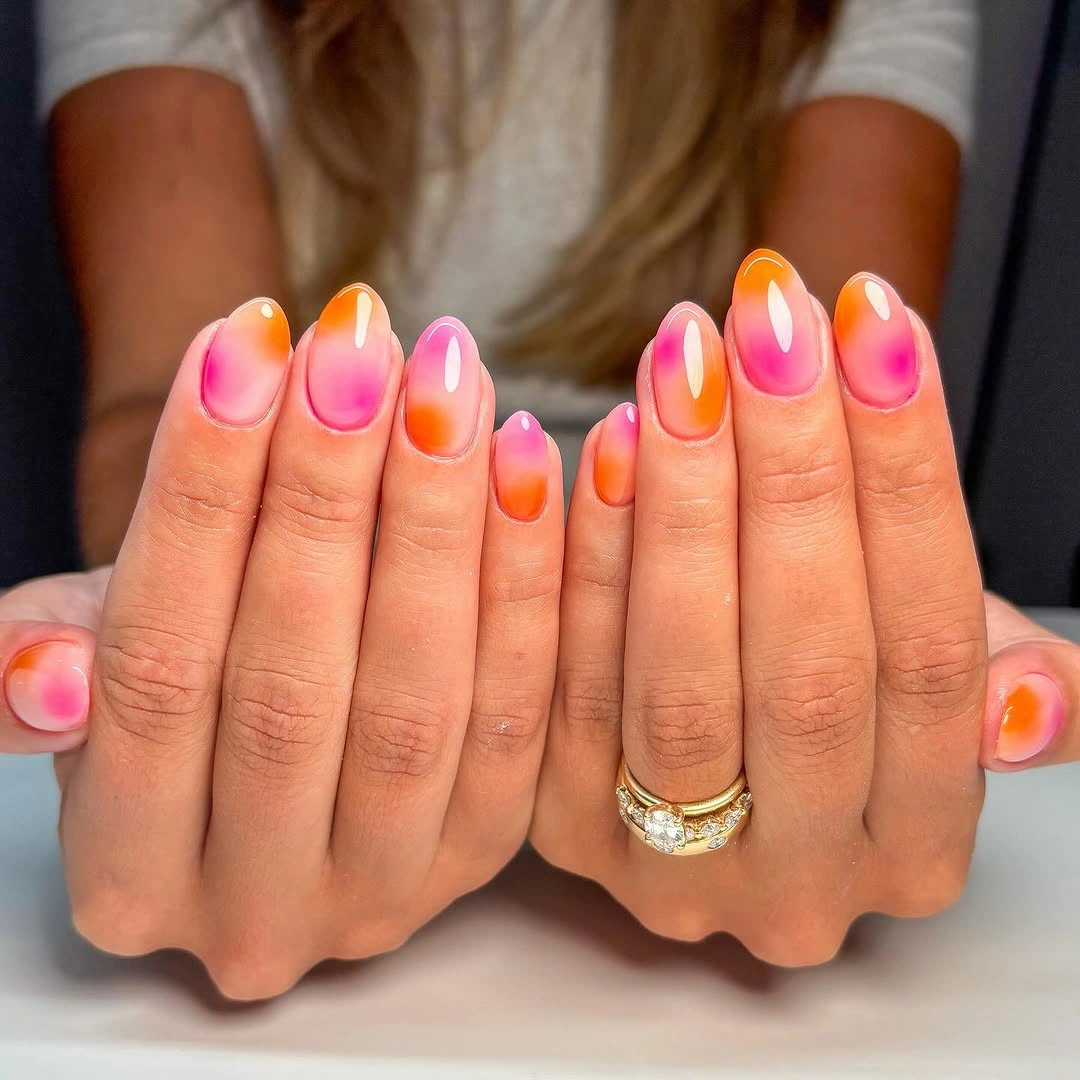august nails color 2026 Pink and Tangerine Aura Nails for a Glowing Summer Finish