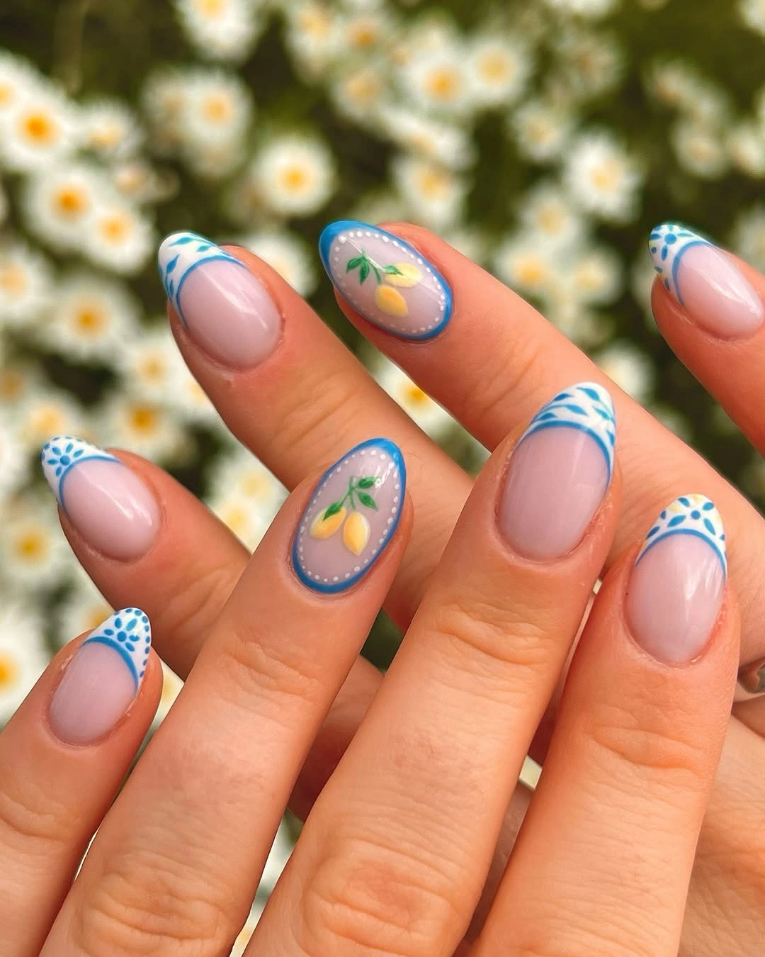 august nails color 2026 Mediterranean Blue French Tips with Delicate Lemon Details