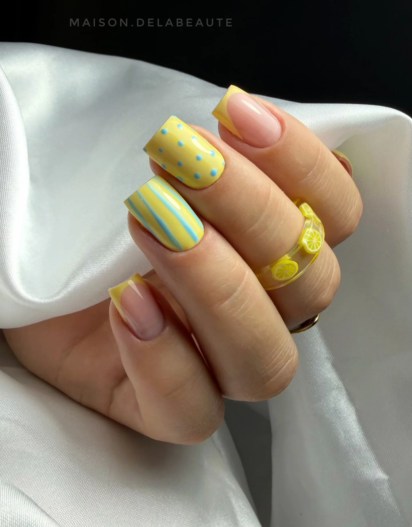 august nails ideas 2026 Sunny Lemon-Inspired Nails with Playful Pastel Patterns