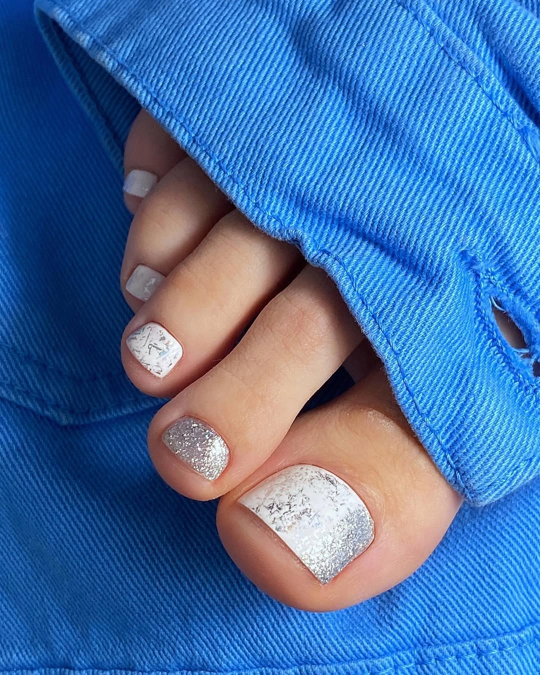 august pedicure nails ideas 2026 Silver Frost Pedicure with Modern Marble Texture