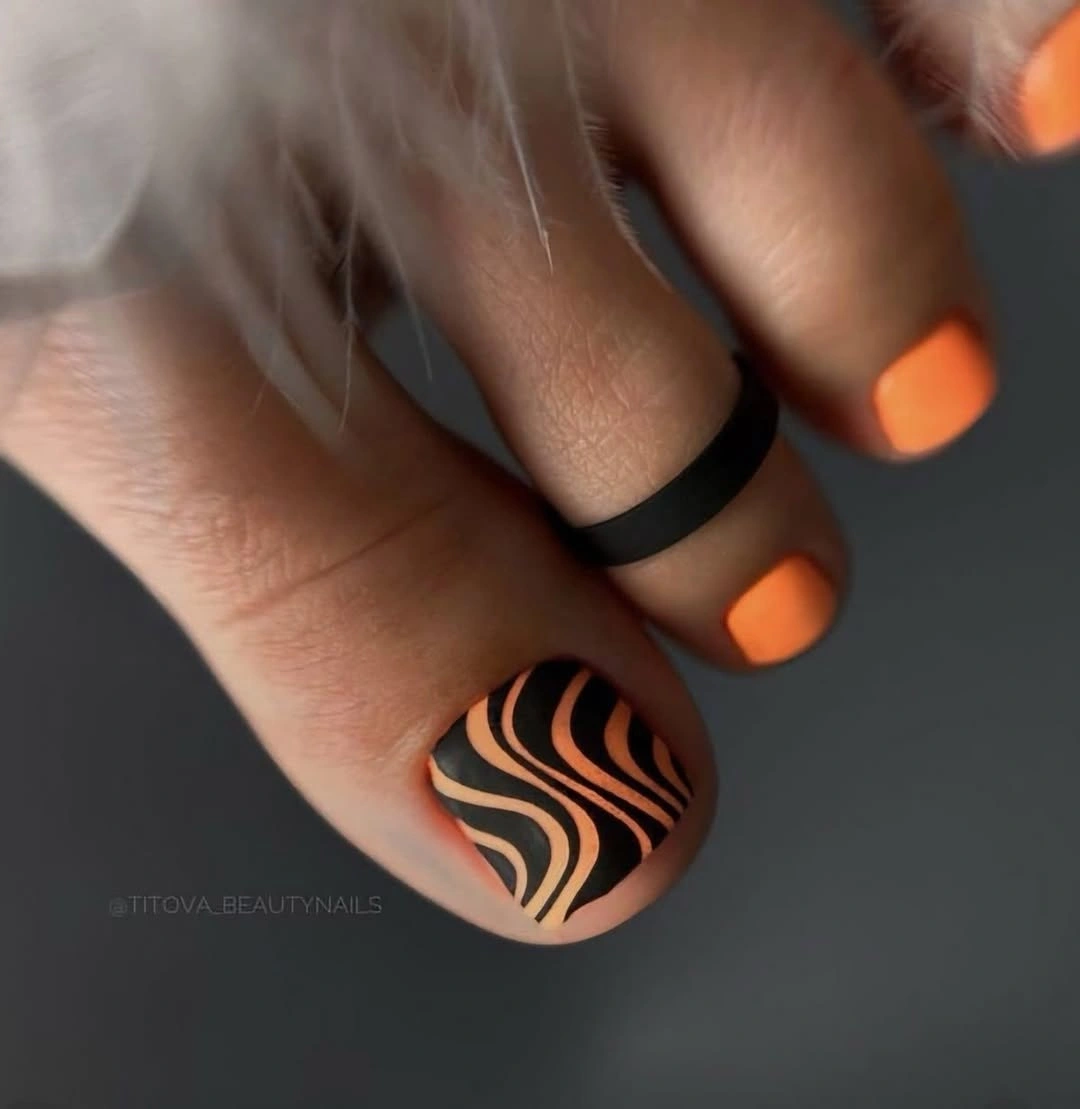 august pedicure nails ideas 2026 Matte Orange Waves with Graphic Modern Art