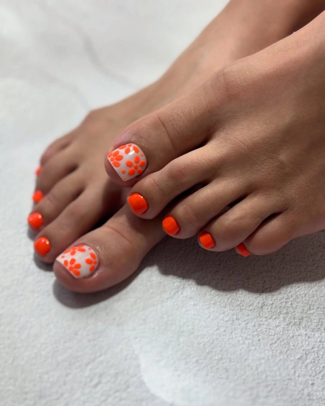 august pedicure nails ideas 2026 Neon Orange Dots for a Fun End-of-Summer Statement
