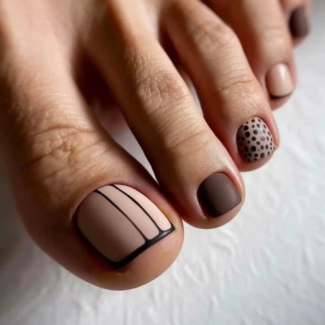 august toe nails 2026 Modern Nude Art with Graphic Black Details