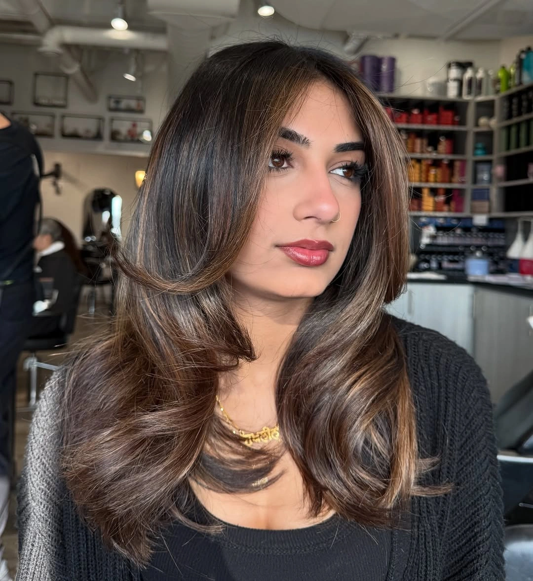 babylights hair ideas Glossy Mocha Babylights with Butterfly Layers