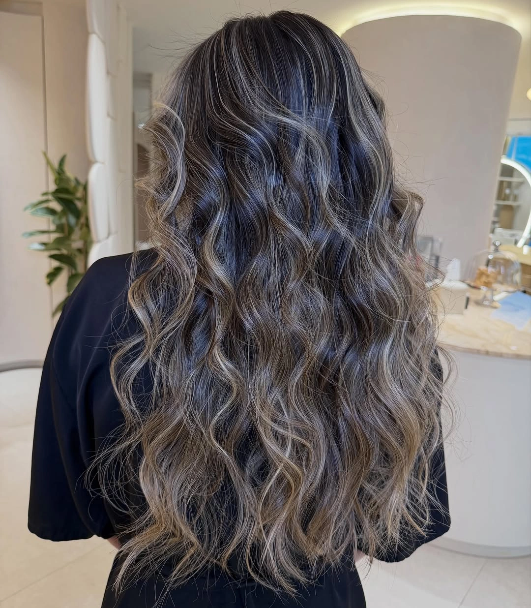 babylights hair ideas Smoky Silver Babylights on Midnight Brown Waves